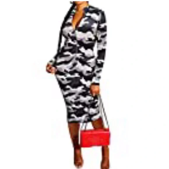 🎉3 For $20 Or $8 Each Camo Printed Zipper Neck Knit Bodycon Midi Dresses - Picture 4 of 9